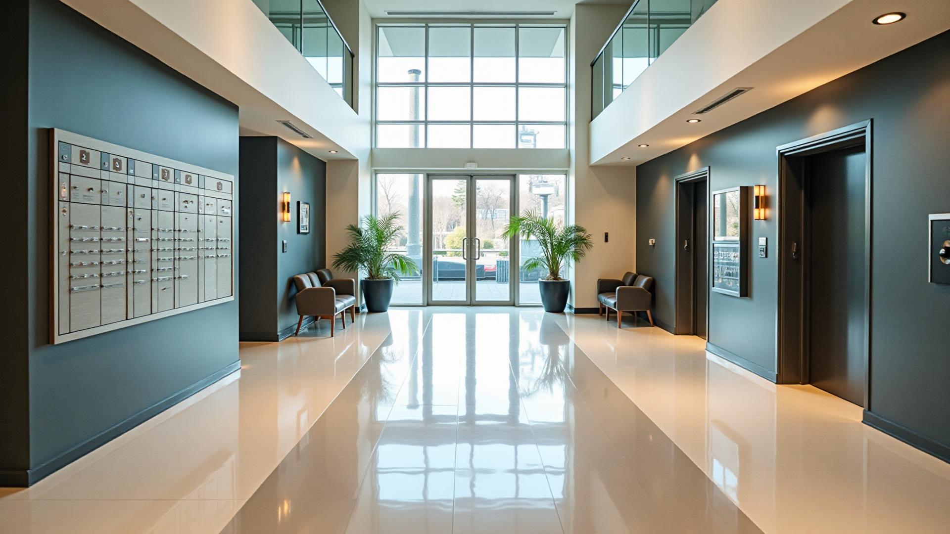 Strata building lobby after professional cleaning - pristine floors and spotless common areas